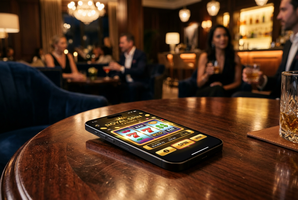 Ένα smartphone που εμφανίζει μια σύγχρονη πλατφόρμα online καζίνο σε πολυτελές περιβάλλον.